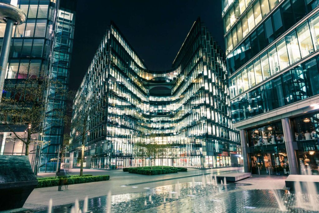 Modern architecture at night on Riverbank in London