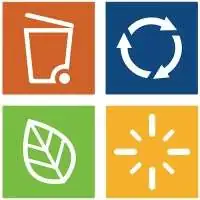 Four icons representing waste management, recycling, nature, and sunlight.