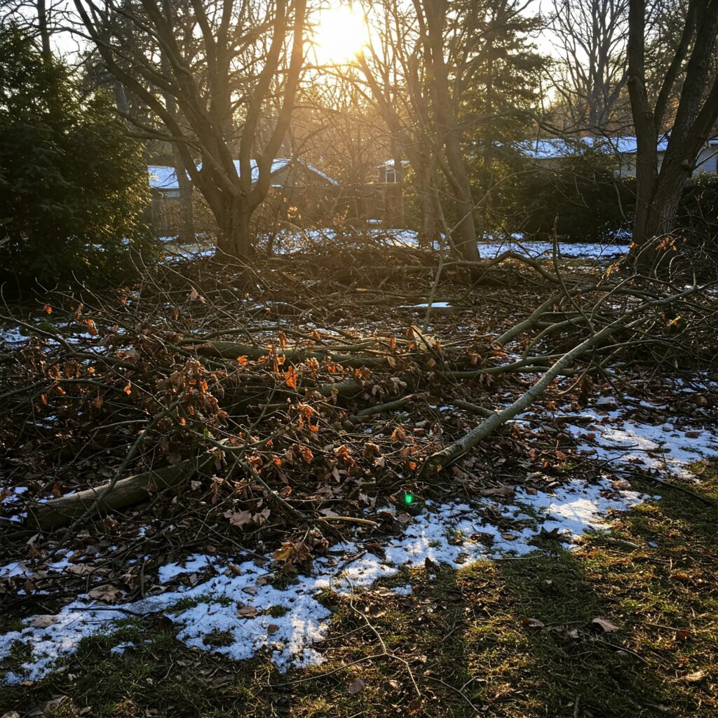 Piles of branches and leaves in a yard during sunset with snow patches.