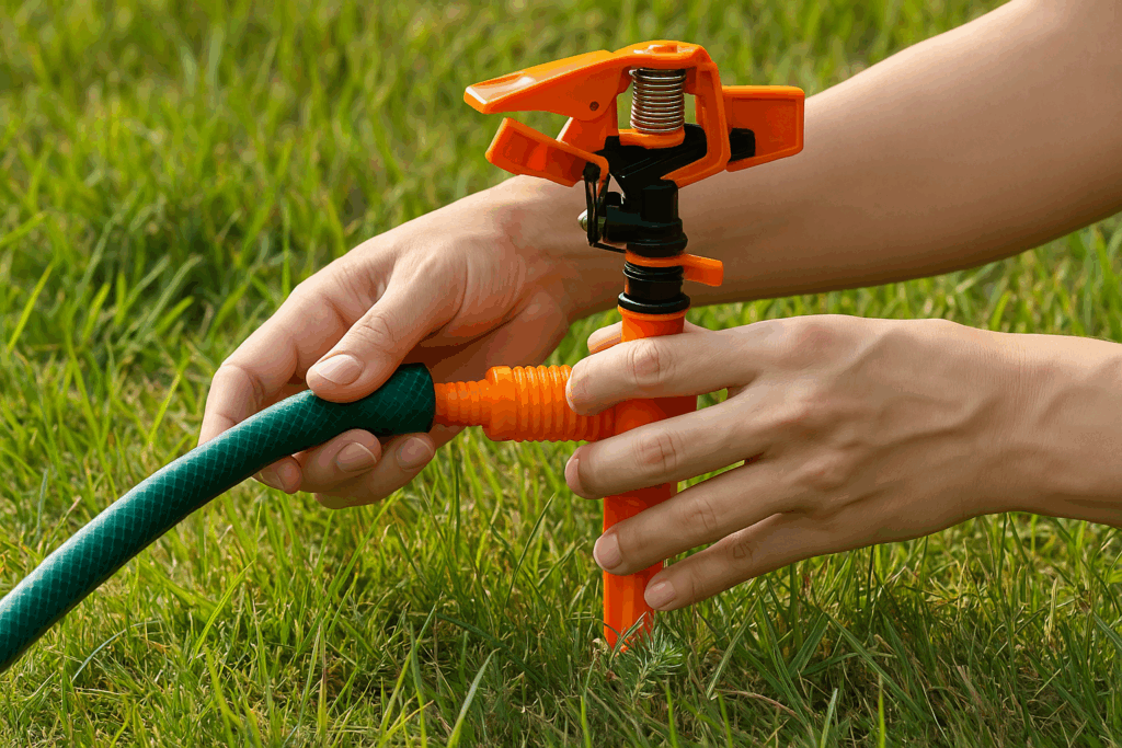 A close-up of a person’s hands connecting a green garden hose to a bright orange plastic sprinkler in a grassy yard. The sprinkler and hose are centered in the frame, with lush green grass in the background, captured in sharp detail under natural sunlight.
