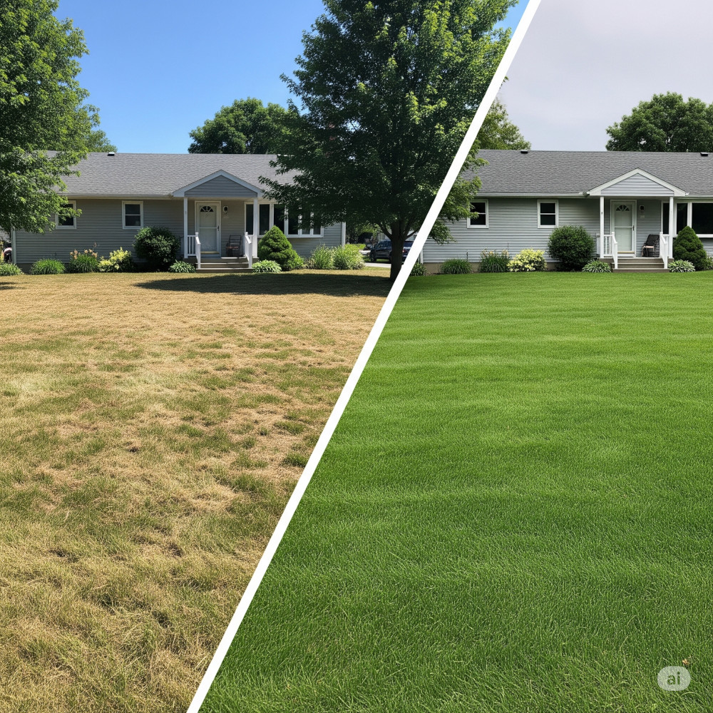 Side-by-side of scalped vs. healthy lawn showing impact of proper mowing in Utah