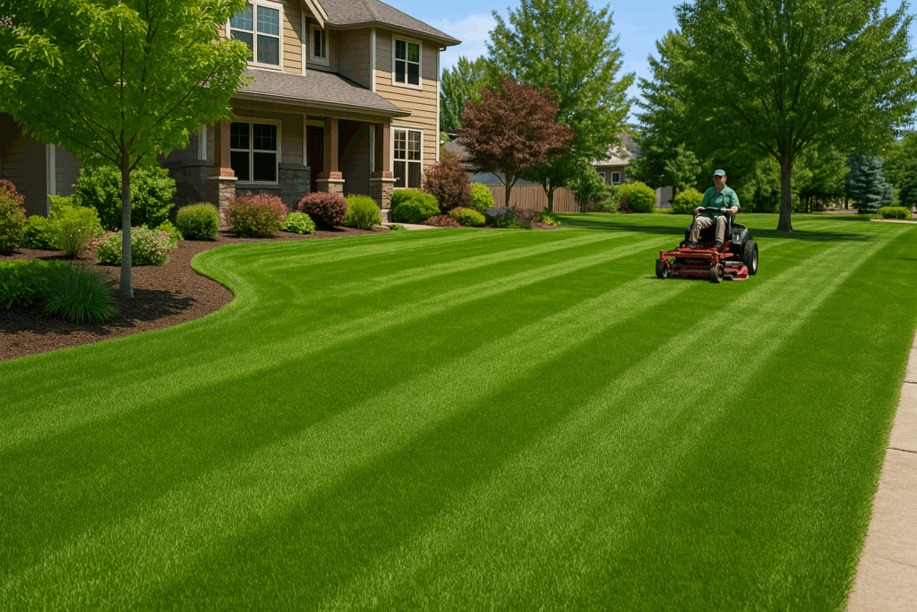 A perfectly striped green lawn in Saratoga Springs with a landscaper riding a mower in front of a two-story house, surrounded by trees and flower beds.