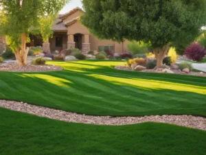 Lush green lawn with curved patterns and decorative rocks in a residential yard.