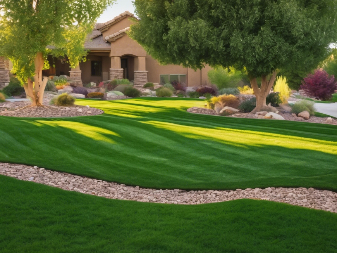 Lush green lawn with curved patterns and decorative rocks in a residential yard.