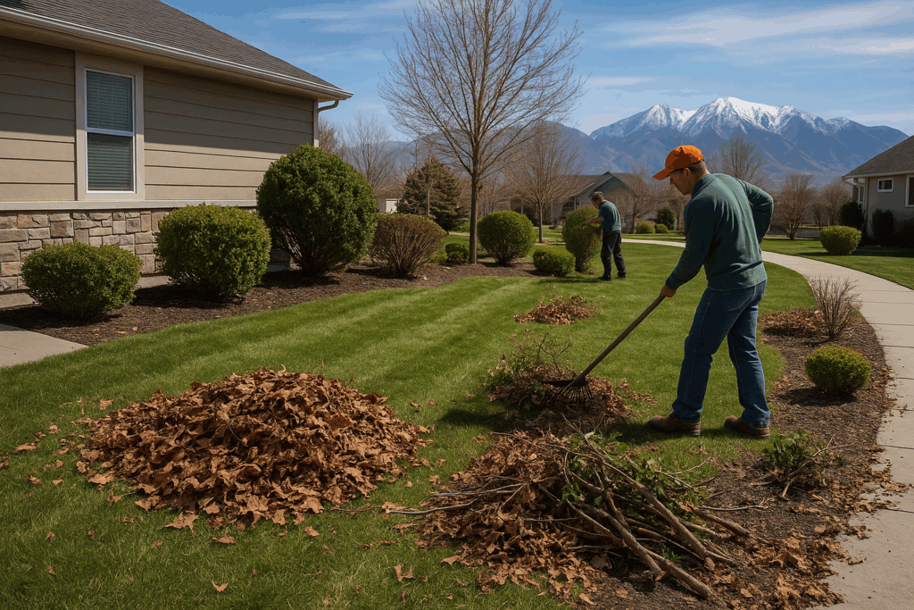 Yard cleanup in progress in Eagle Mountain, Utah, with workers removing winter debris and trimming shrubs.