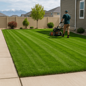 Lawn care technician mowing a freshly striped backyard lawn in Eagle Mountain, Utah with clean edges and a clear mountain backdrop.