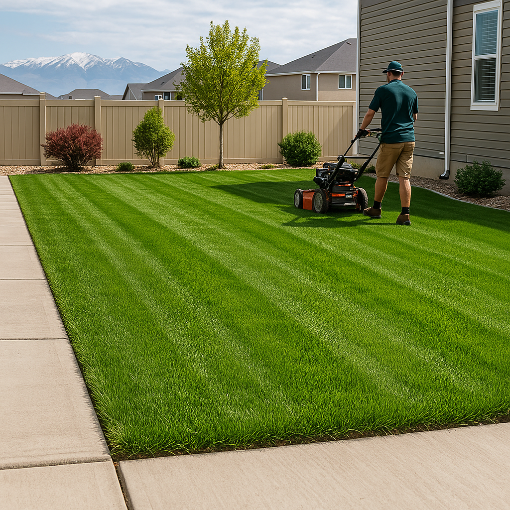 Lawn care technician mowing a freshly striped backyard lawn in Eagle Mountain, Utah with clean edges and a clear mountain backdrop.