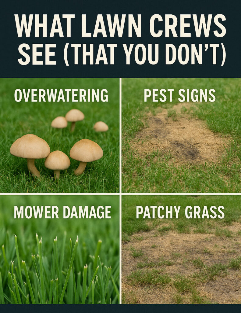 Split image showing multiple hidden lawn problems with labels: overwatering, pest signs, mower damage, patchy grass