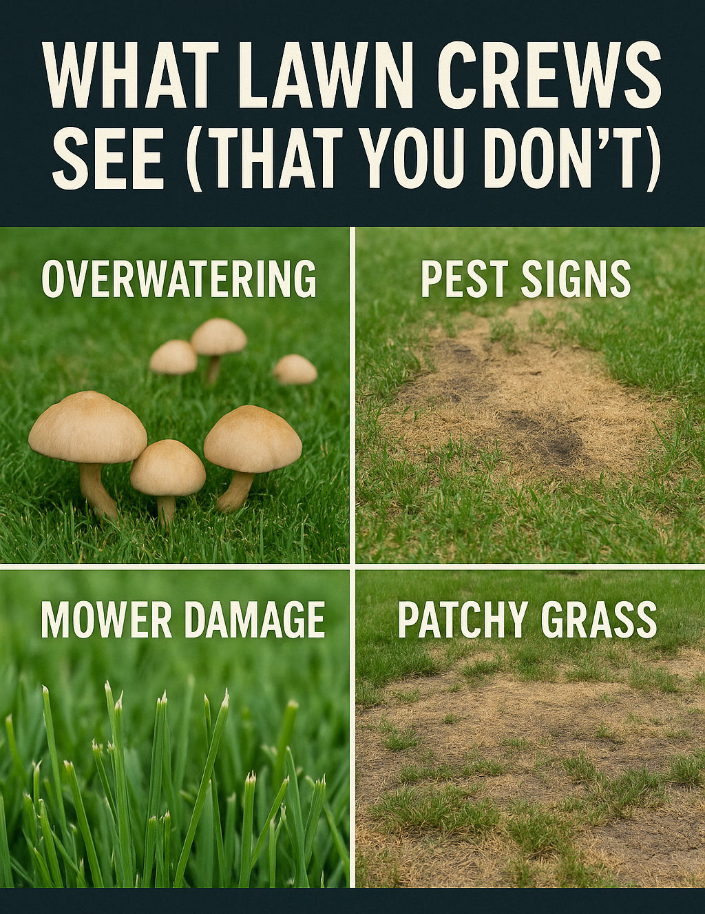 Split image showing multiple hidden lawn problems with labels: overwatering, pest signs, mower damage, patchy grass