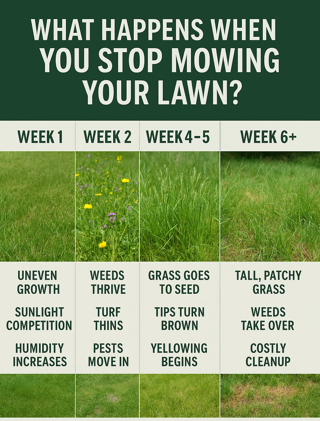 Time-lapse visual of a lawn from week 1 to week 6 without mowing in Eagle Mountain, Utah