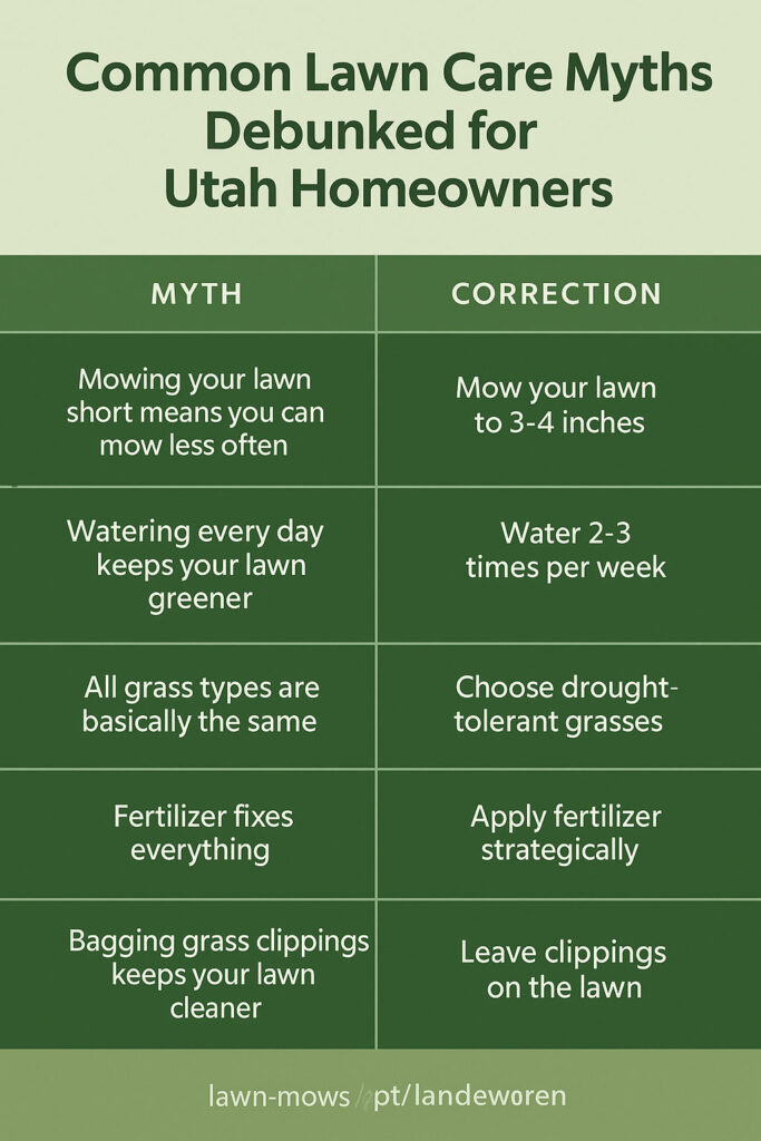 A side-by-side visual of five common lawn myths vs. the correct practices in Eagle Mountain, Utah