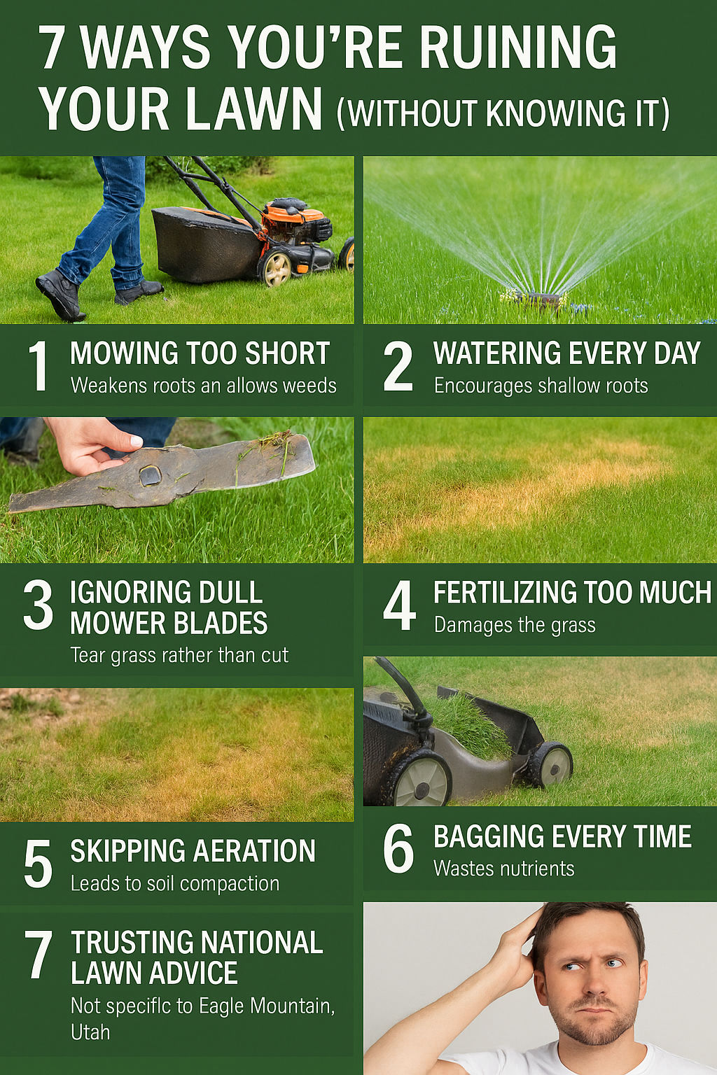 A labeled grid with images showing common lawn care mistakes like mowing too short, overwatering, and dull mower blades