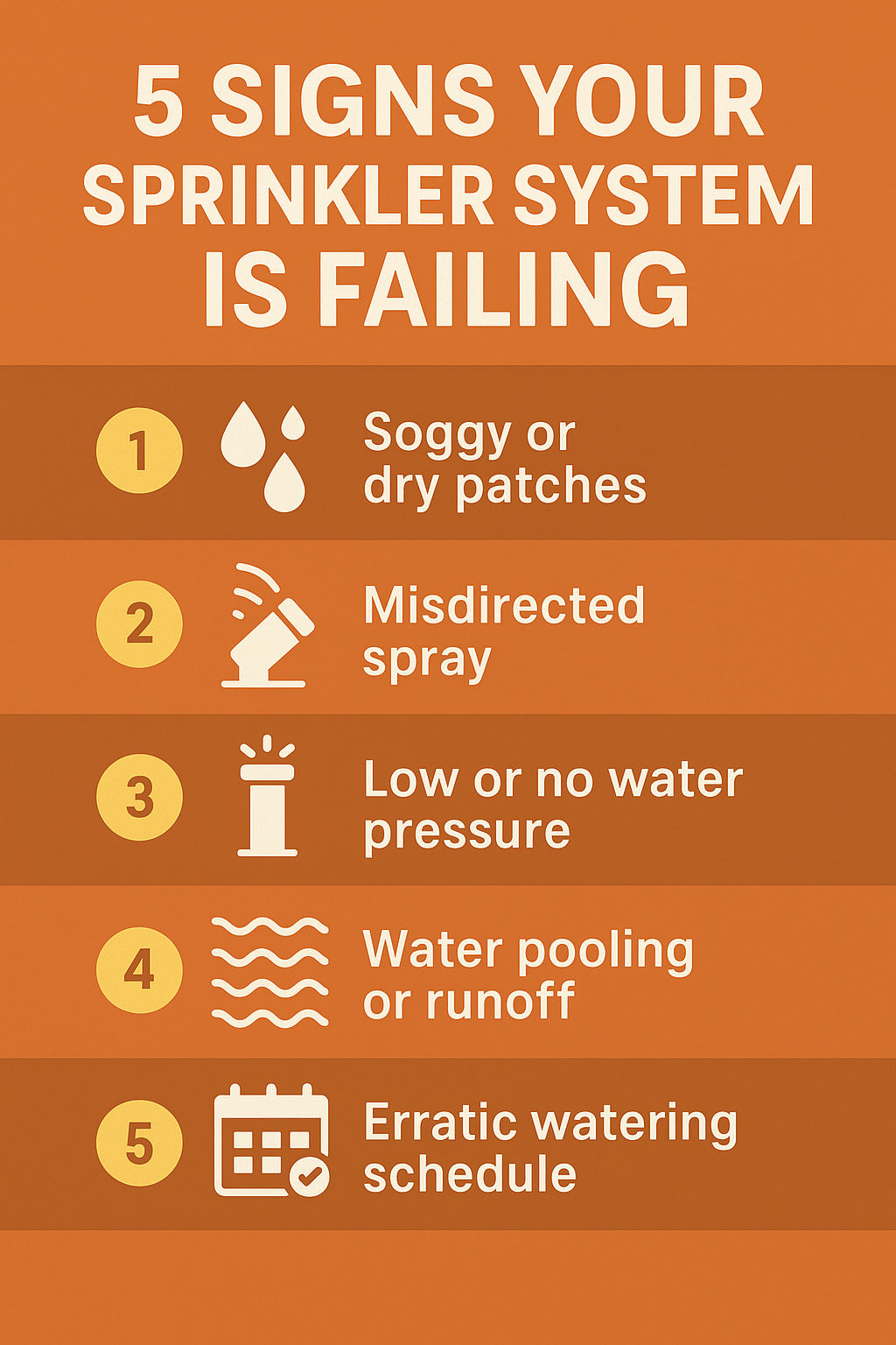Infographic showing five warning signs of a failing sprinkler system, including hidden leaks, uneven coverage, sidewalk overspray, clogged heads, and outdated schedules