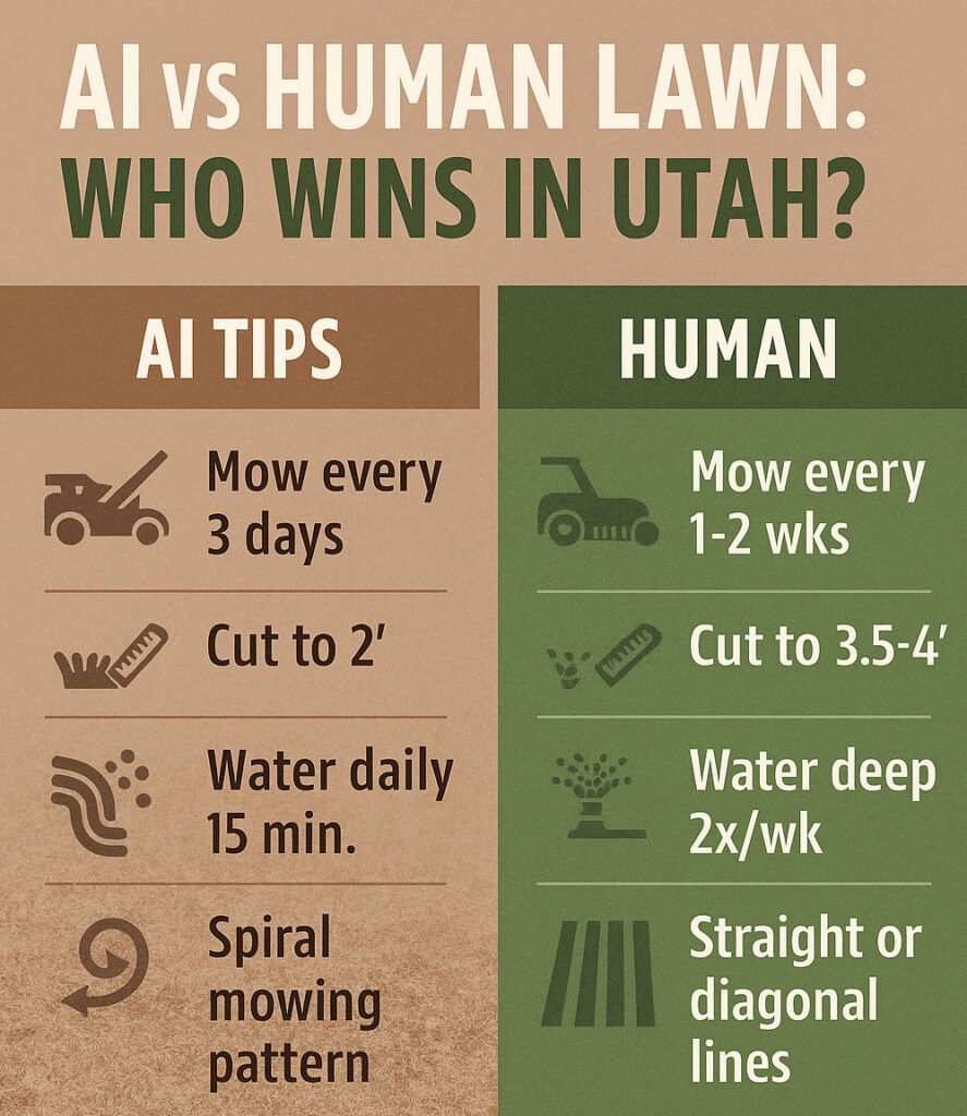 Side-by-side infographic comparing AI-generated and human lawn mowing strategies for Utah lawns, highlighting successes and failures during a heatwave in Eagle Mountain. Ask ChatGPT