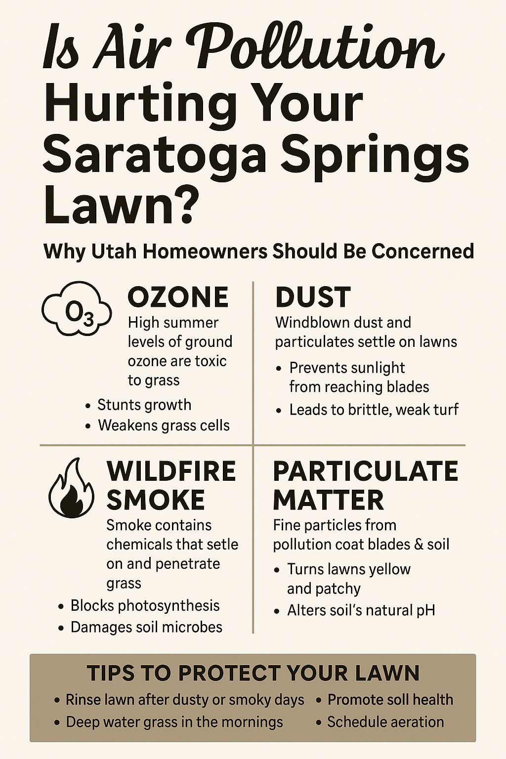 Infographic illustrating the effects of Utah’s air pollution—including ozone, wildfire smoke, and particulate matter—on grass health and soil in Saratoga Springs lawns.