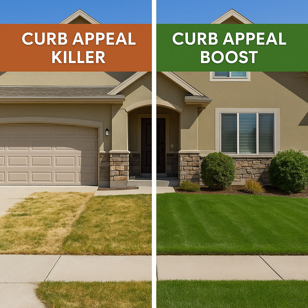Side-by-side comparison of an overgrown lawn and a neatly mowed, edged lawn showing improved curb appeal in Eagle Mountain, Utah homes