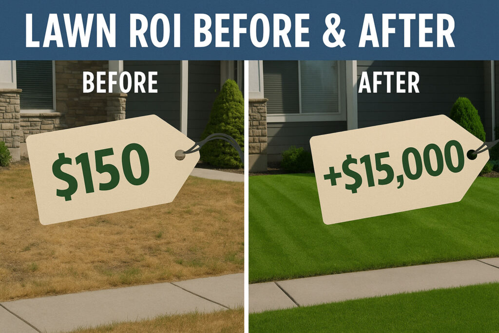Side-by-side image showing a neglected lawn versus a freshly mowed and edged lawn, labeled with price tags highlighting a $15,000 increase in home value after simple lawn care improvements.