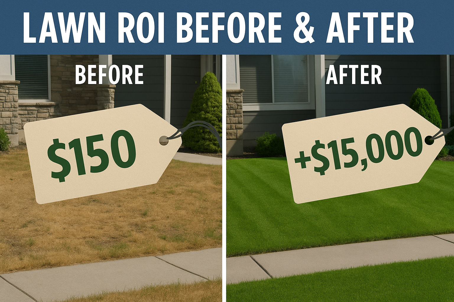 Side-by-side image showing a neglected lawn versus a freshly mowed and edged lawn, labeled with price tags highlighting a $15,000 increase in home value after simple lawn care improvements.