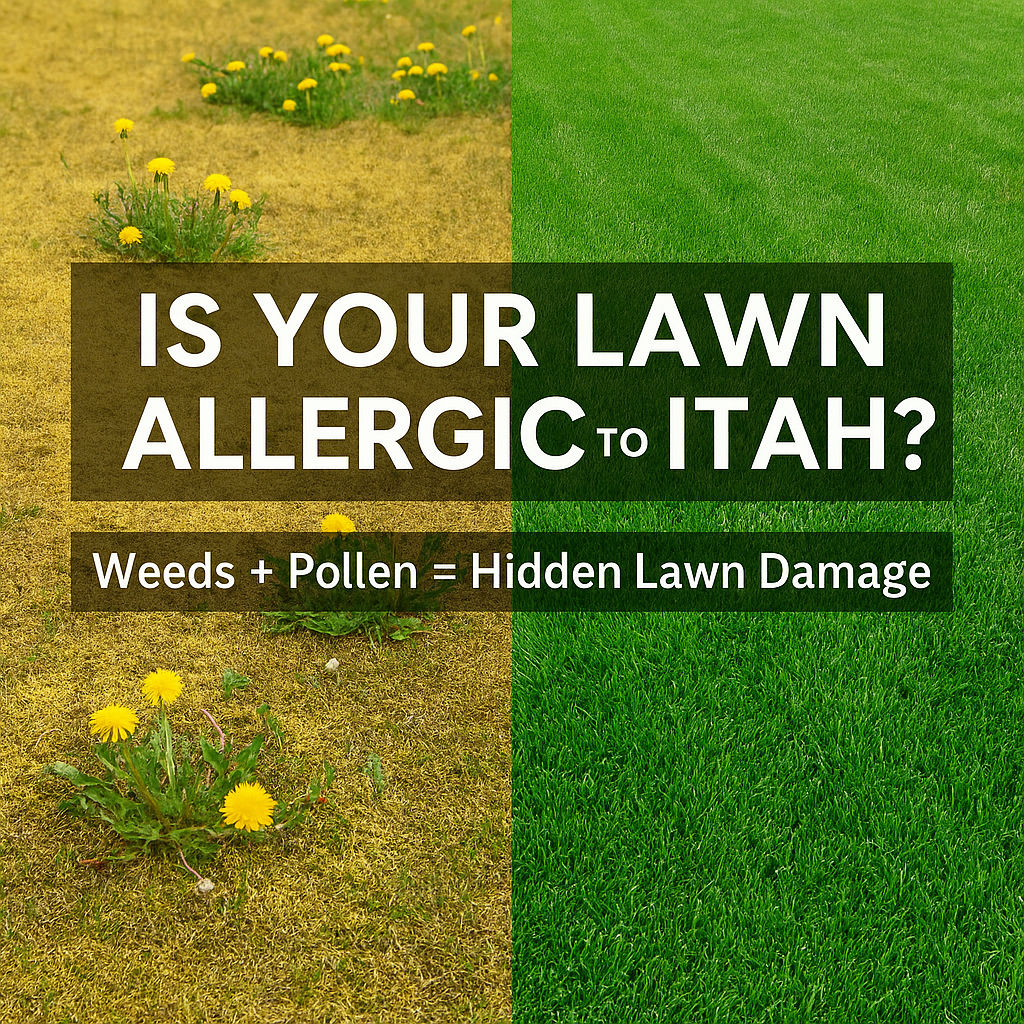 Side-by-side image showing a healthy spring lawn next to a dry, stressed summer lawn in Utah, highlighting seasonal challenges for homeowners.