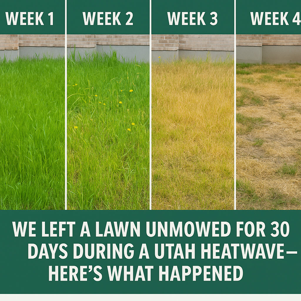 Four-panel time-lapse of a Lehi, Utah lawn showing progression from green to dry and damaged after 30 days of no mowing during a heatwave