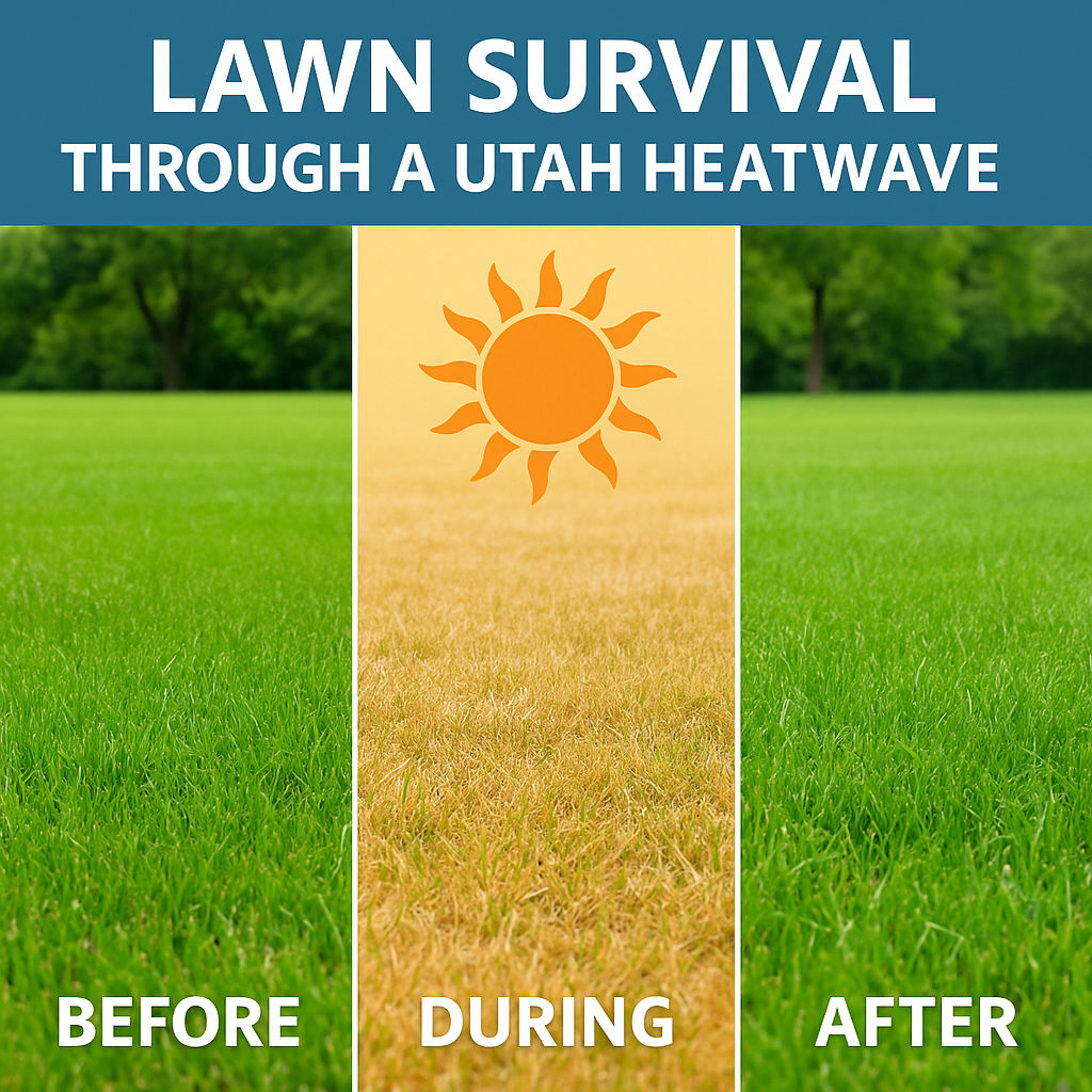 Three-part split image showing a green lawn, a sun-scorched lawn, and a recovering lawn under Utah heatwave conditions