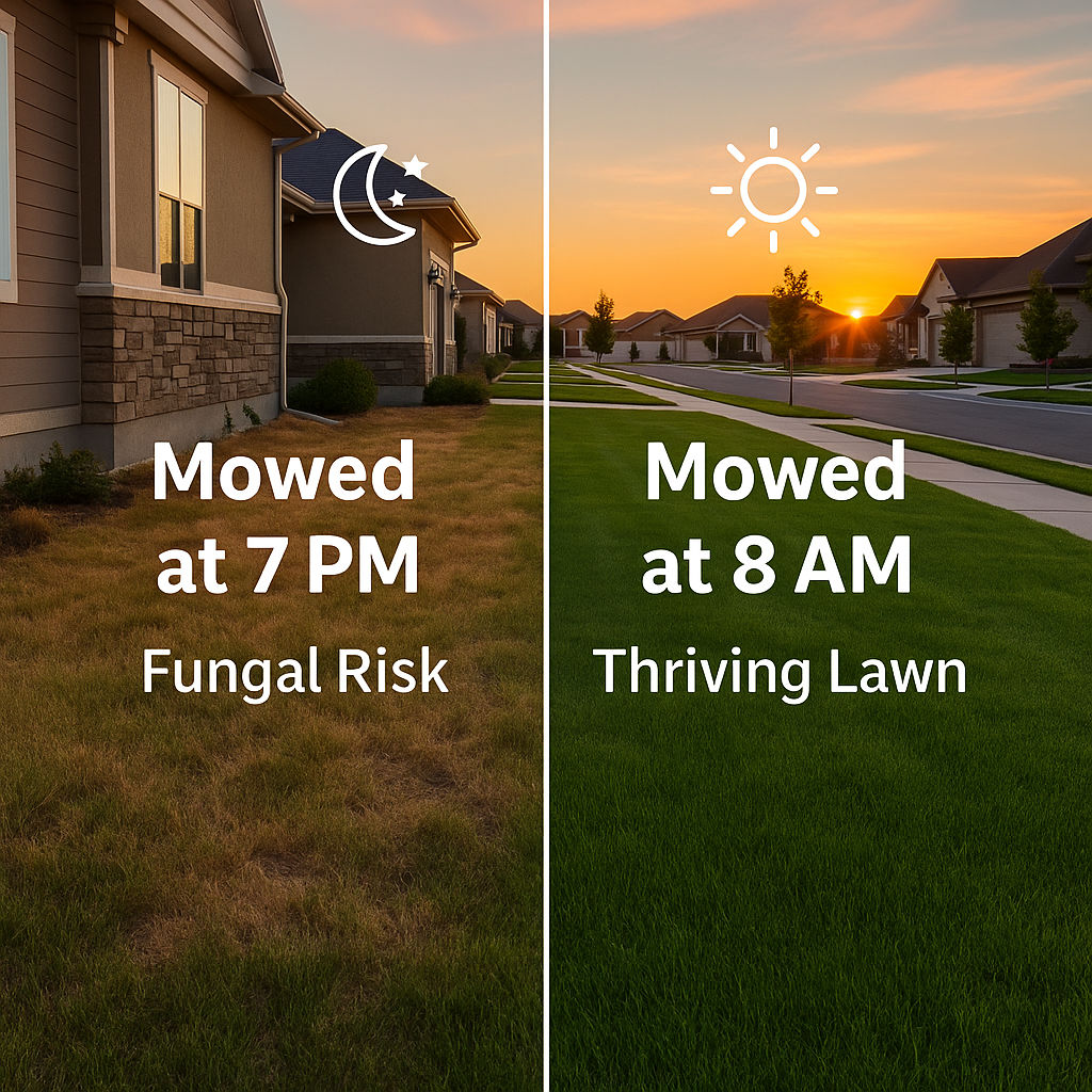 Side-by-side photo of two lawns at sunset, one showing brown patches from evening mowing, the other lush and healthy from morning mowing in Saratoga Springs, Utah