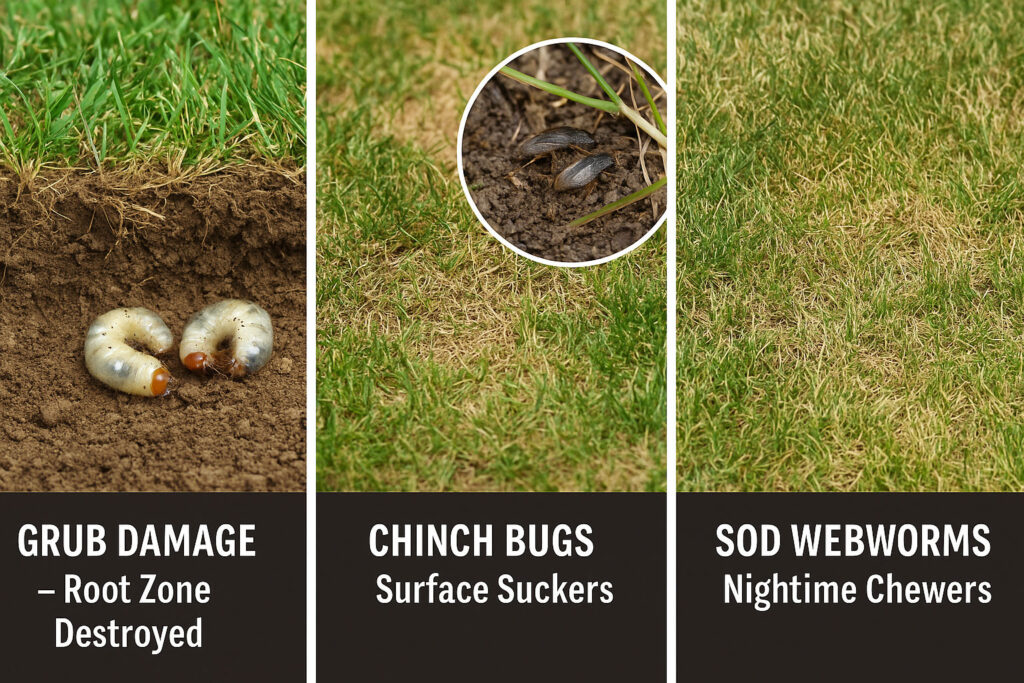 Side-by-side visual comparison of grub, chinch bug, and sod webworm lawn damage in Utah during summer heat, with insect close-ups and turf symptoms labeled.