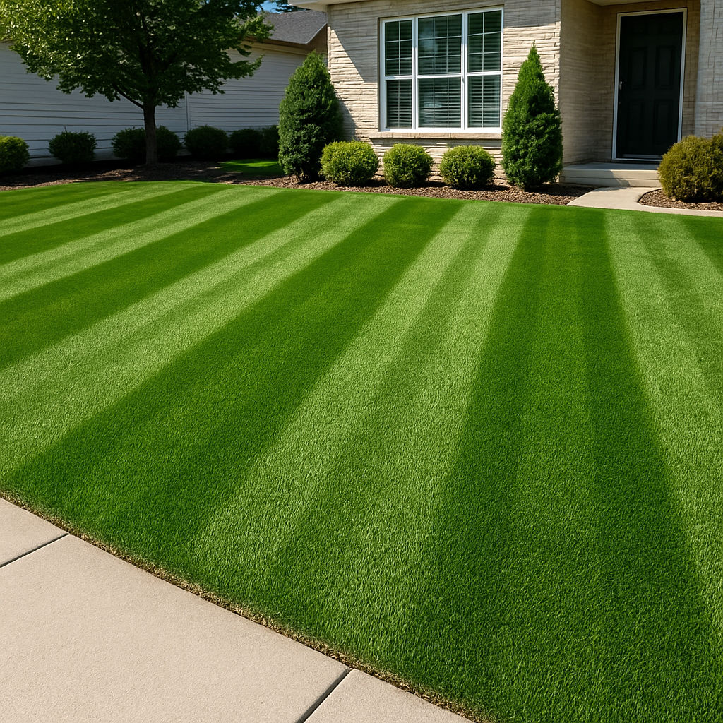 Professionally striped green lawn with alternating light and dark mowing lines in a Saratoga Springs front yard