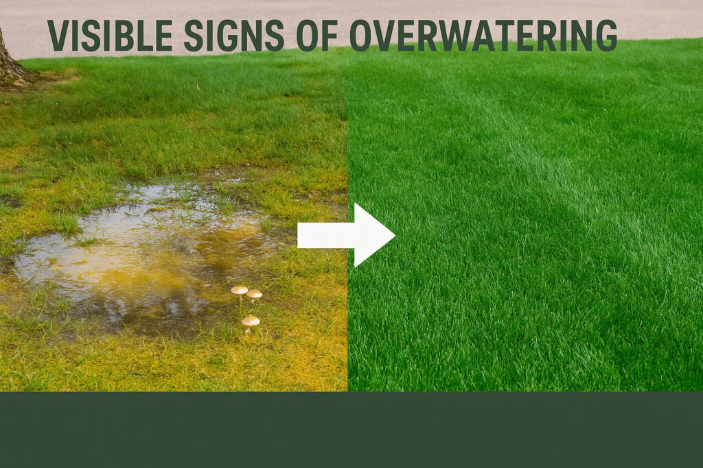 Lawn in Saratoga Springs with yellow grass, mushrooms, and soggy patches due to overwatering