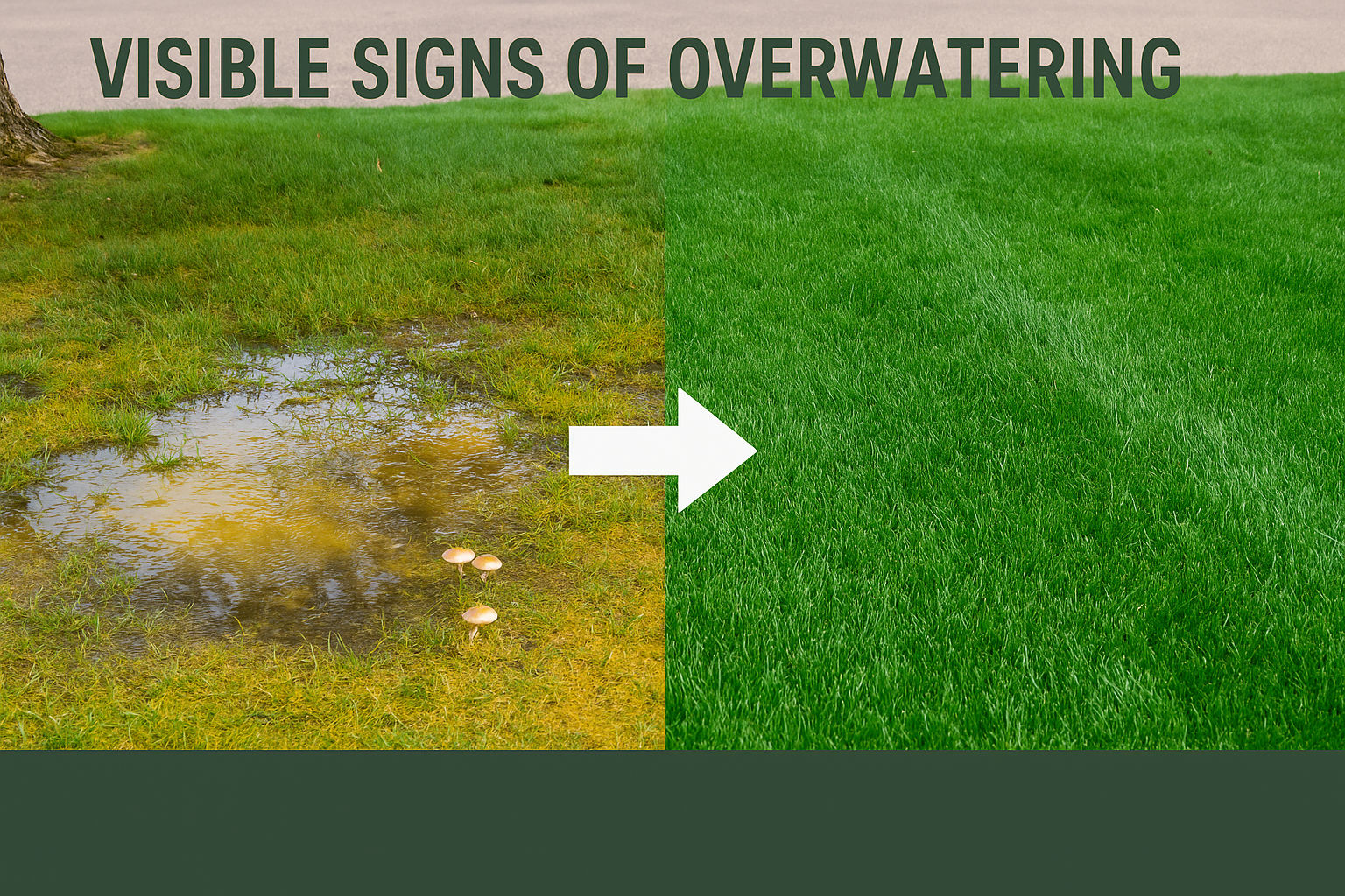 Lawn in Saratoga Springs with yellow grass, mushrooms, and soggy patches due to overwatering