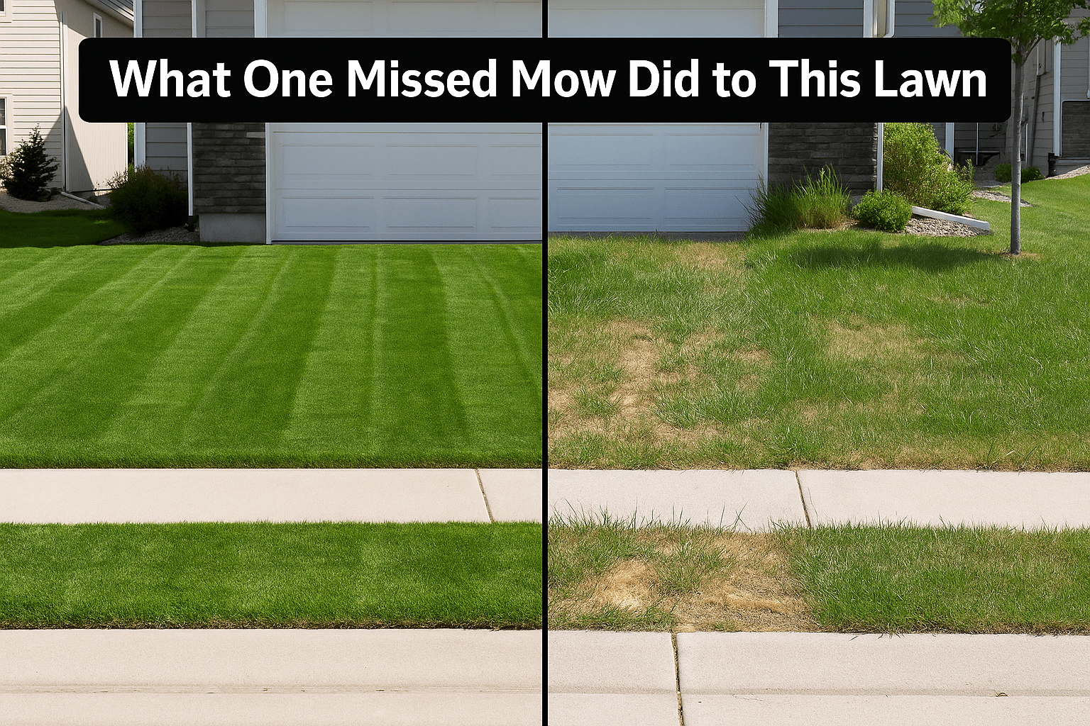 Side-by-side image showing a well-maintained lawn and a patchy, overgrown lawn due to missed mowing