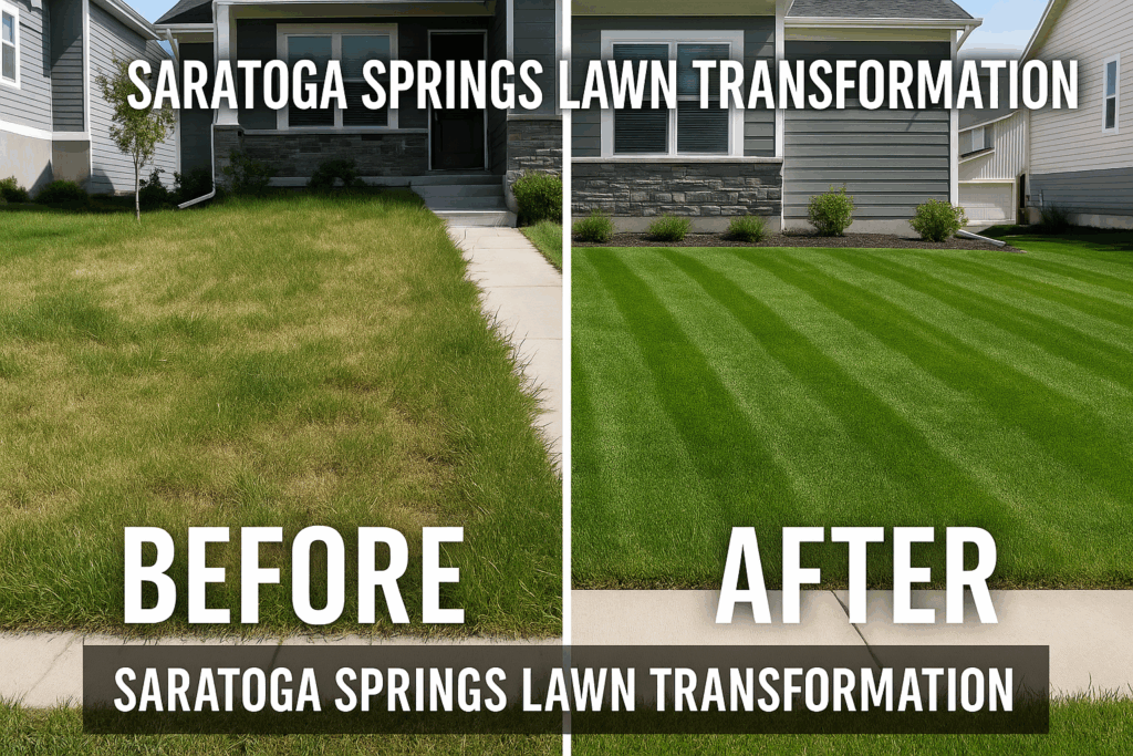 Side-by-side photo of an unkempt lawn and a perfectly mowed, green lawn in Saratoga Springs