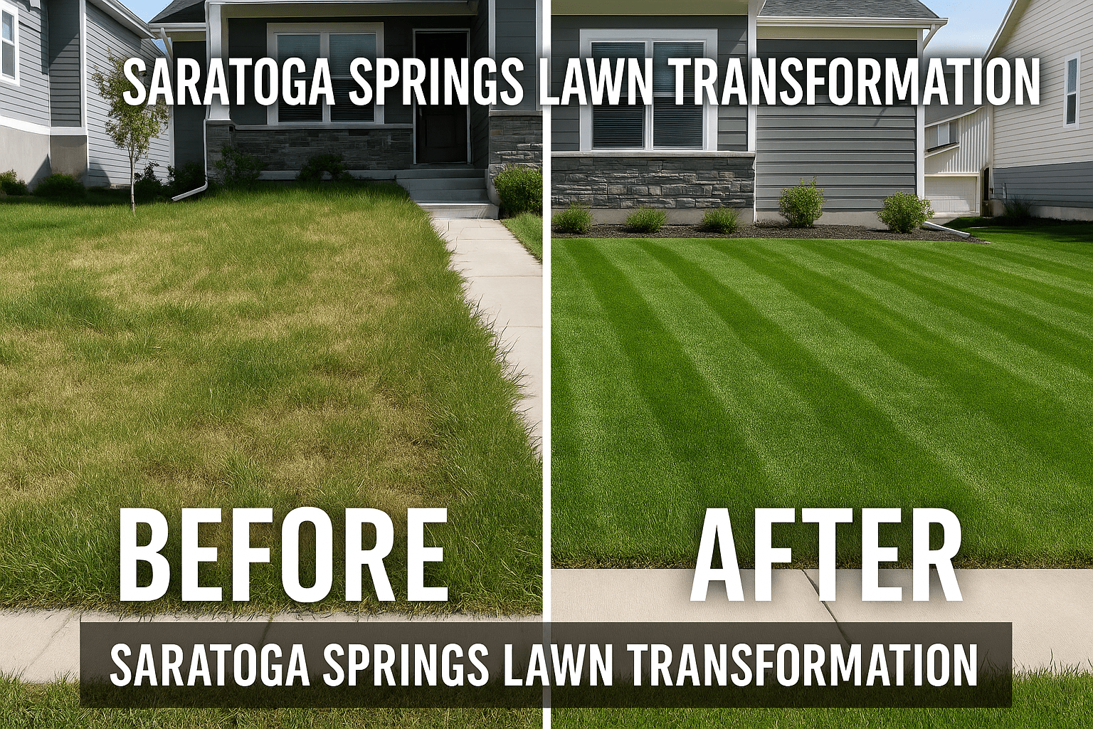 Side-by-side photo of an unkempt lawn and a perfectly mowed, green lawn in Saratoga Springs
