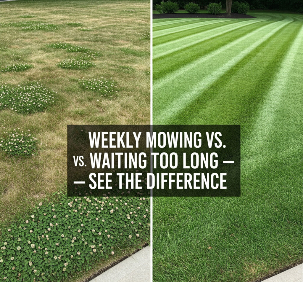 Side-by-side comparison of a well-maintained lawn from weekly mowing and an overgrown lawn with patchy grass, highlighting the benefits of regular mowing in Utah's climate.