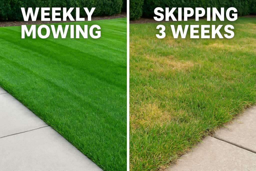 Side-by-side photo comparing a professionally mowed lawn and an overgrown, neglected lawn in Saratoga Springs, Utah.