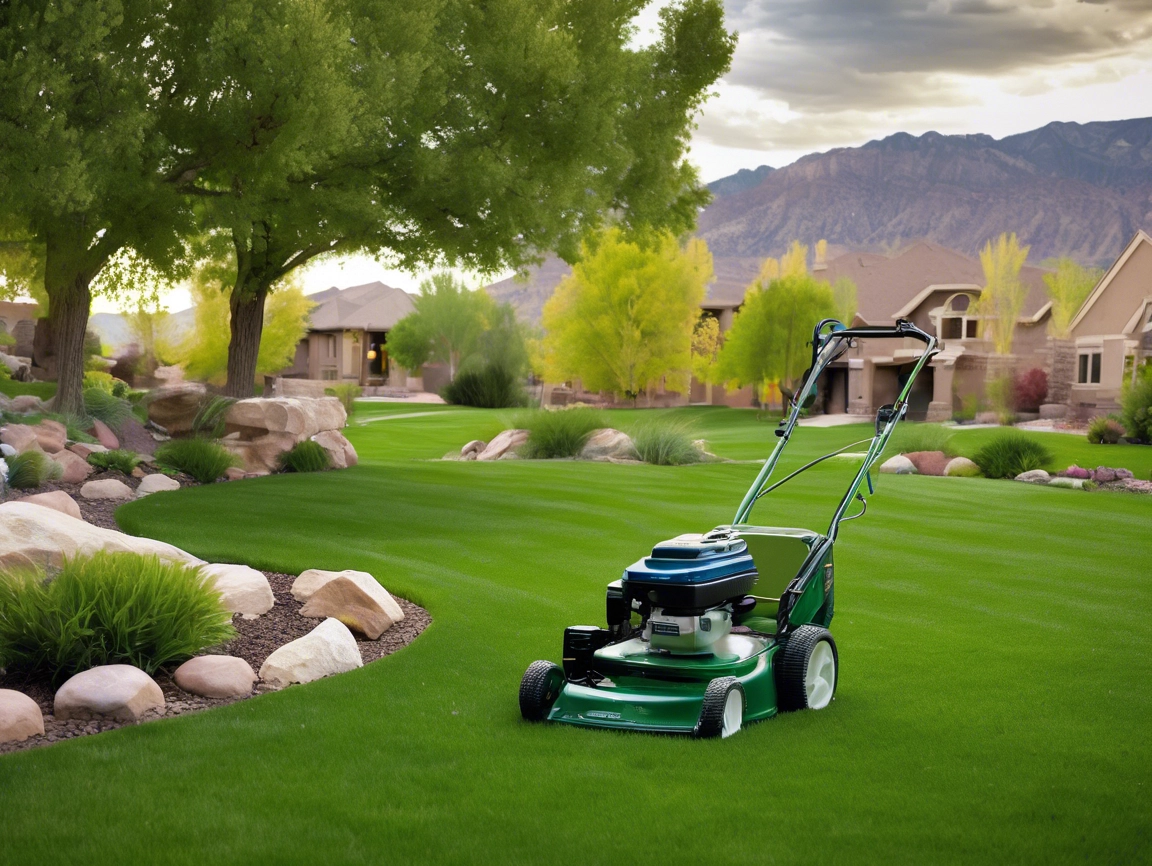 Lawn mower on a well-maintained green lawn with trees and houses in the background.