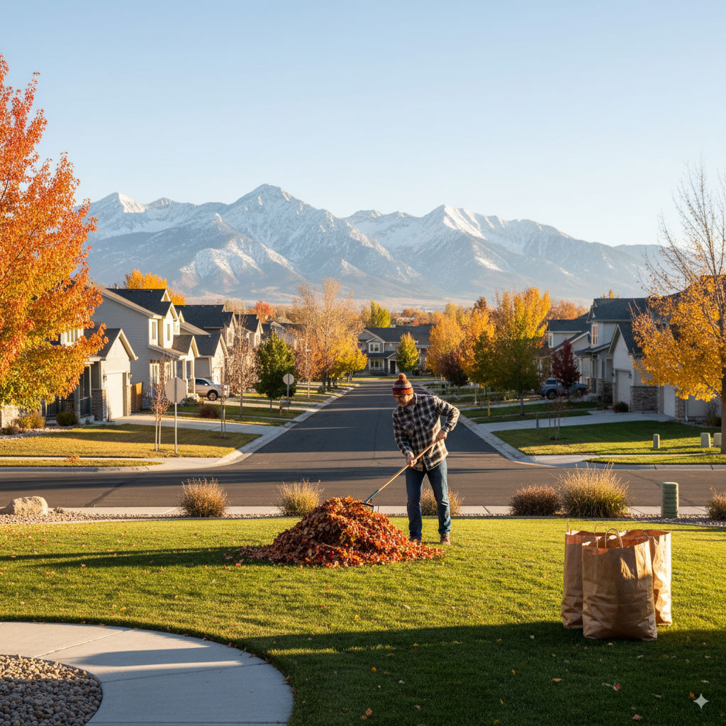 Homeowner raking leaves in Eagle Mountain yard before first snowfall