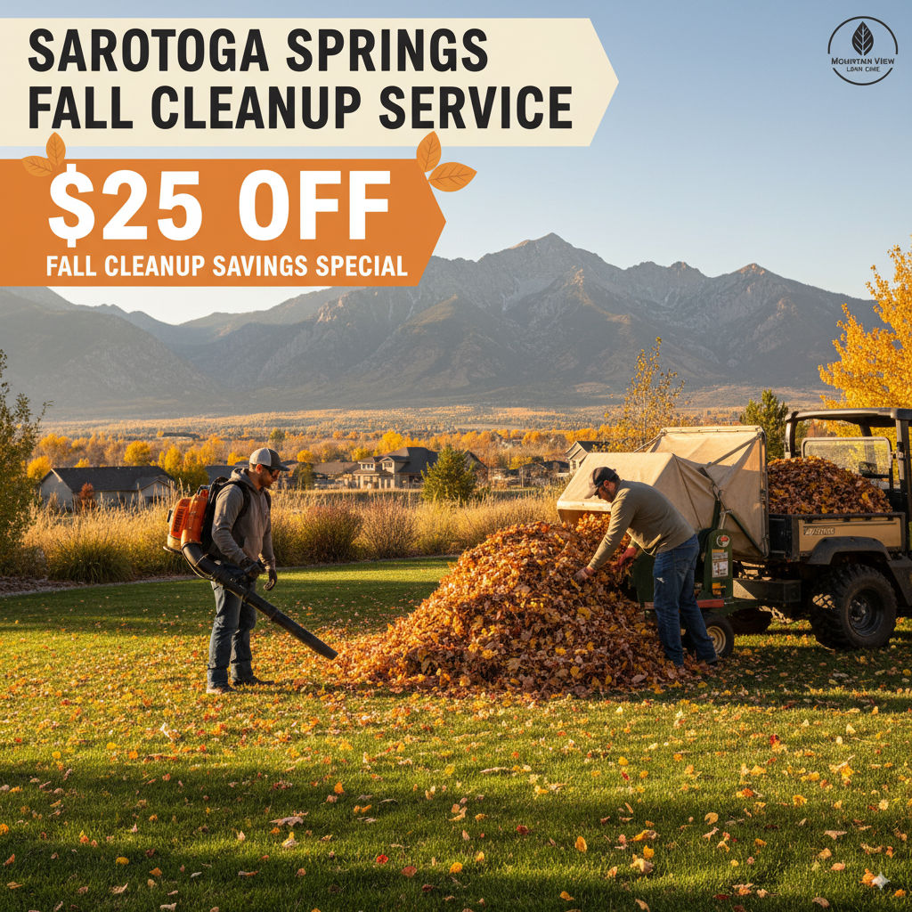Lawn care team bagging leaves during a Saratoga Springs fall cleanup with a $25 discount promotion