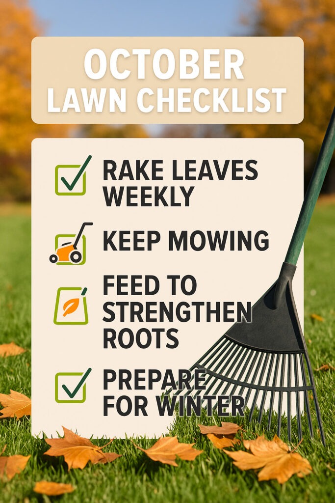 Lawn with rake and scattered fall leaves during October cleanup in Saratoga Springs