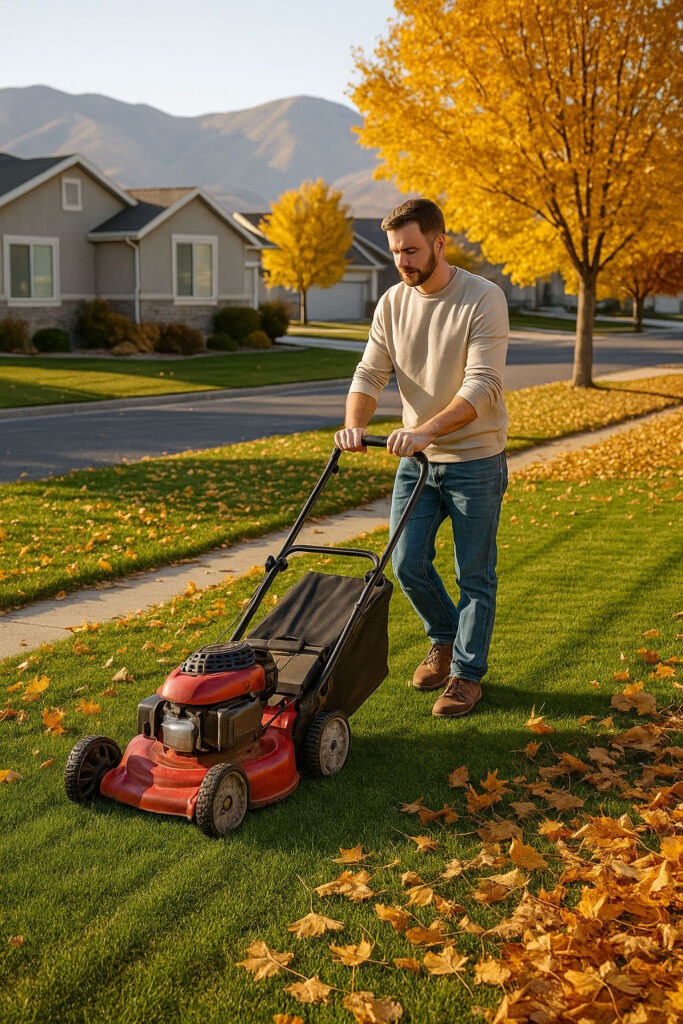 Homeowner mowing a Saratoga Springs lawn in October with scattered leaves around