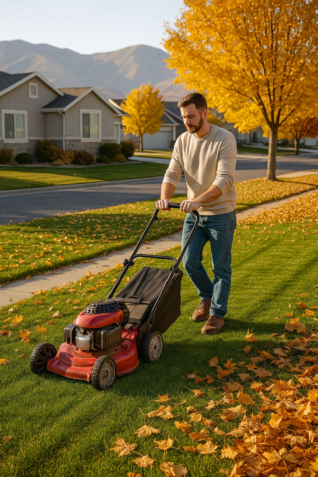 Homeowner mowing a Saratoga Springs lawn in October with scattered leaves around