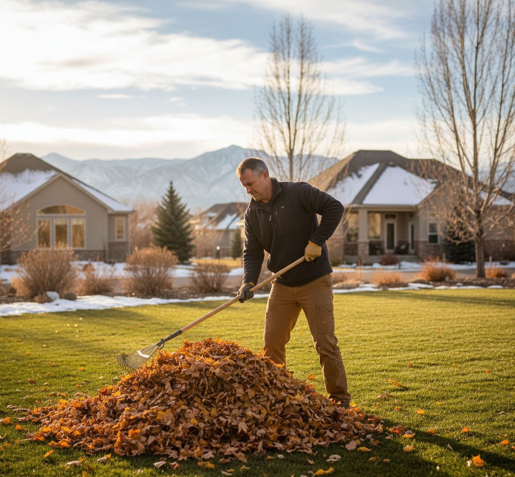 Professional landscaper preparing a Draper, Utah lawn for winter with fall leaf removal, ensuring a healthy yard and preventing costly spring repairs.