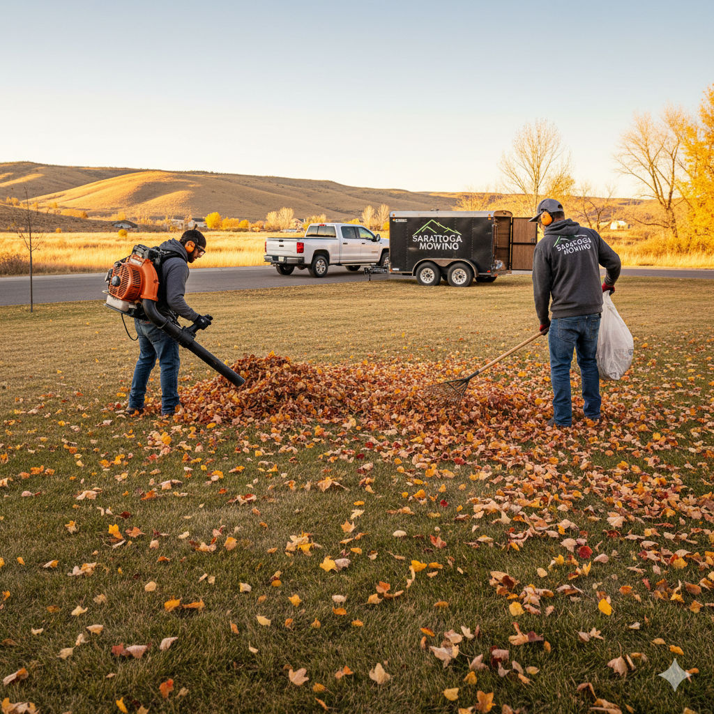 Crew performing fall yard cleanup in Eagle Mountain, removing leaves and debris before winter.