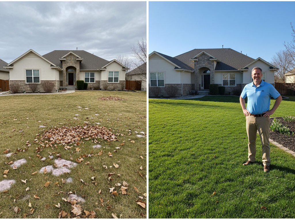 A side-by-side comparison showing the importance of fall leaf removal for a green Draper Utah lawn in spring, highlighting snow mold prevention.