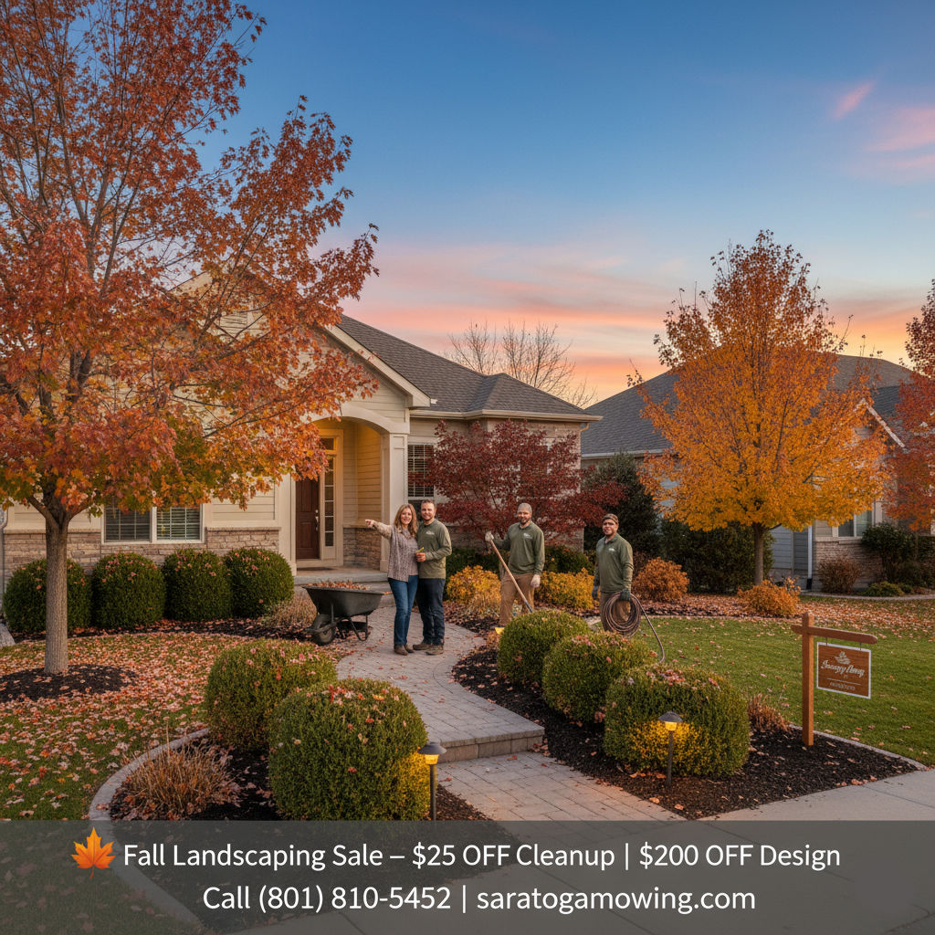 A professional landscaping crew from Saratoga Mowing completing a fall yard transformation in West Jordan, Utah — fresh mulch, golden leaves, trimmed shrubs, and outdoor lighting create beautiful curb appeal for homeowners preparing for the holidays.