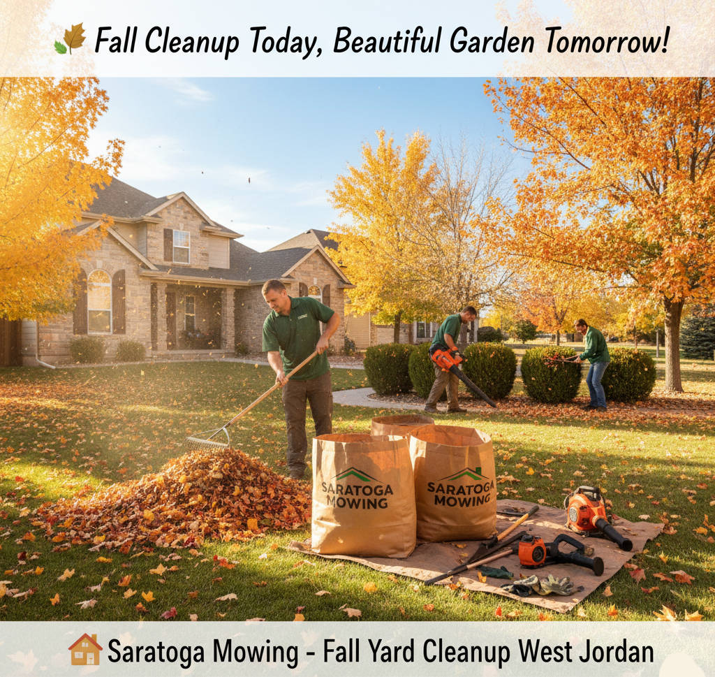 Professional landscaper performing fall yard cleanup in West Jordan, Utah, raking leaves and preparing the garden for spring. Saratoga Mowing provides expert seasonal lawn and landscape services.