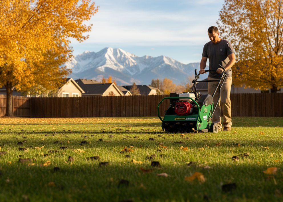Aeration machine removing soil plugs from a Utah lawn during fall maintenance