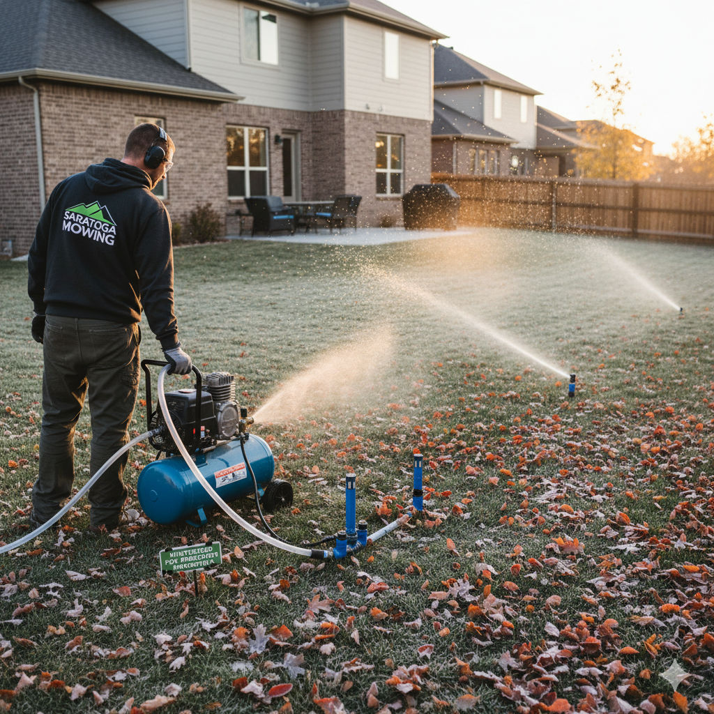Professional landscaper performing a sprinkler blowout in a South Jordan, Utah backyard during autumn to prevent costly winter pipe damage.
