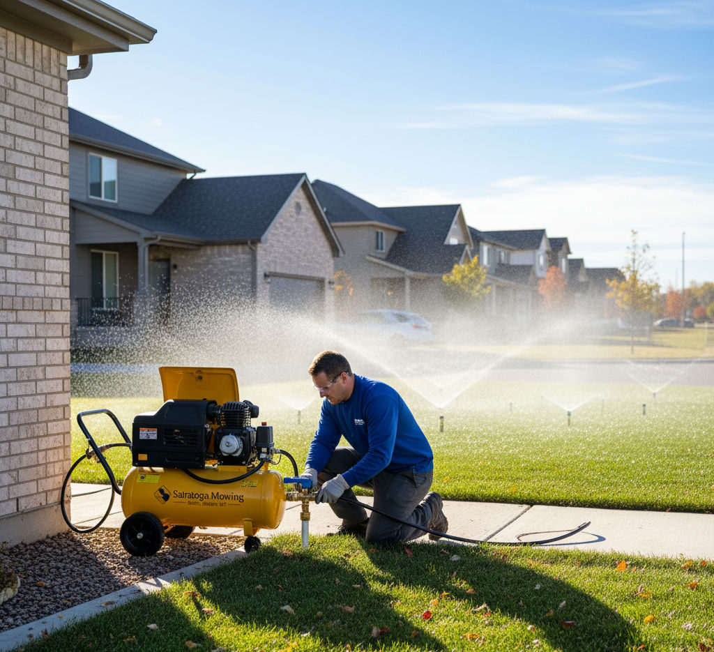 A Saratoga Mowing technician performing a sprinkler blowout on a residential irrigation system in South Jordan, Utah during the fall.