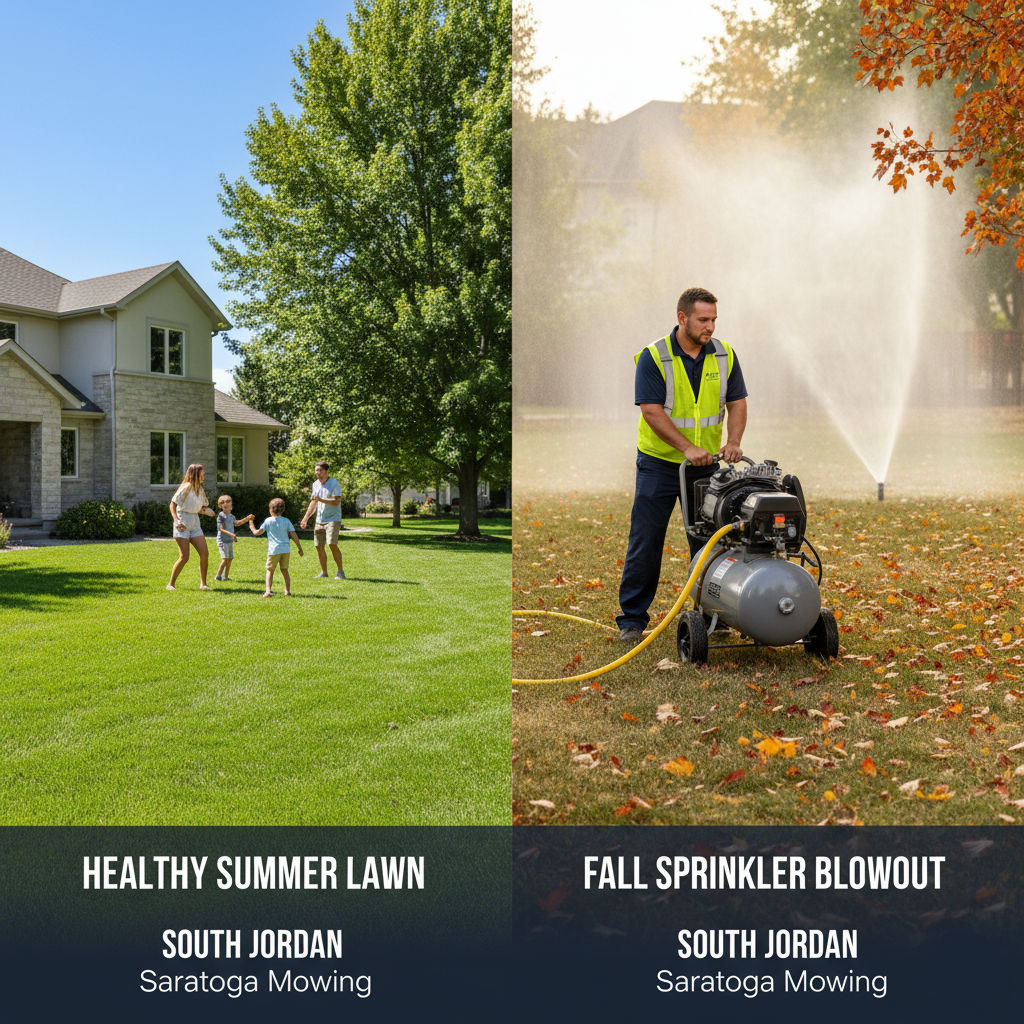 A split image showing a lush green South Jordan lawn in summer next to a technician performing a fall sprinkler blowout.